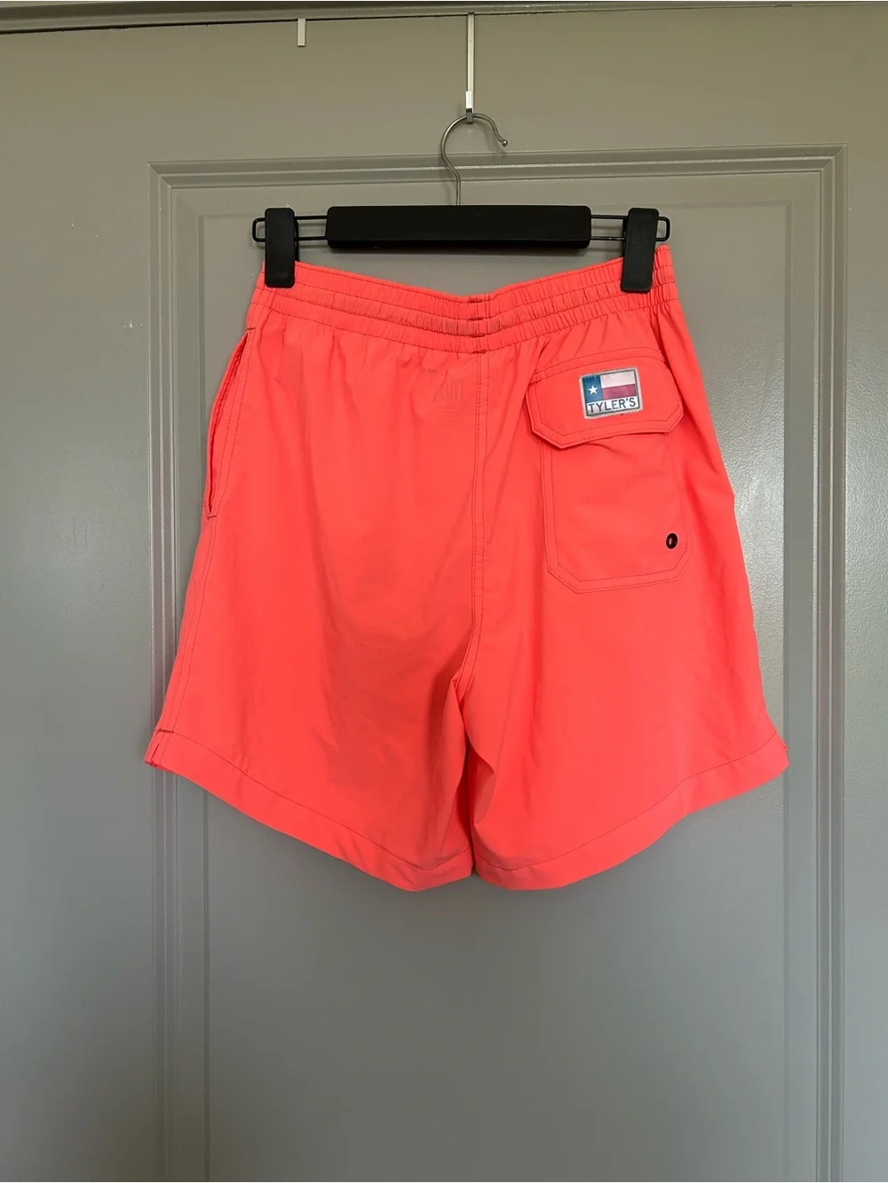 Men's Tyler’s Bright Coral Swim Trunks with Blue Drawstring